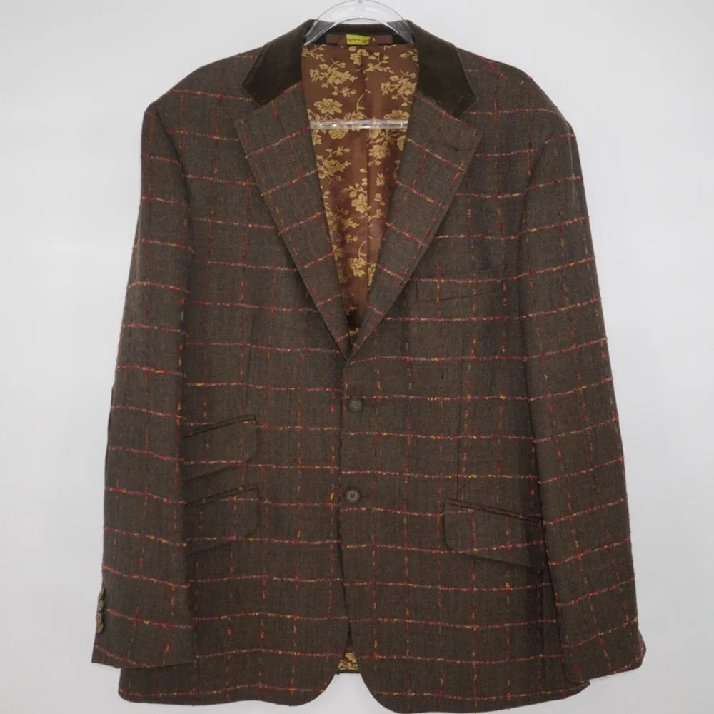 TED BAKER Brown Fuchsia Window Pane 100% Wool Sport Coat Velvet Elbow Collar 46R